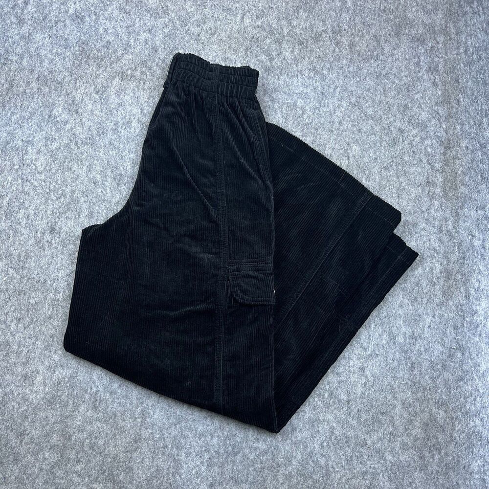 Hot Topic Women's Wide Leg Cargo Pants Black Corduroy High Rise Cotton Size S